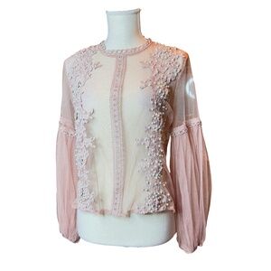 Item #A260  NANCY Cottagecore Romantic Pink Embellished  Mesh Pearl Blouse NWT M